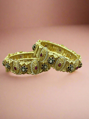 Traditional Gold Bangles with Ruby and Floral Enamel Design