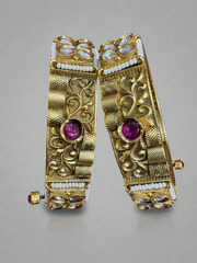 Exquisite Gold-Plated Bangles with Ruby and Pearl Detailing