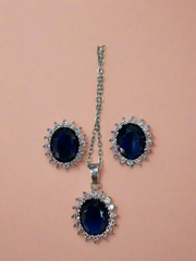 Elegant Sapphire Halo Pendant & Earrings Set