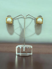 Elegant Gold-Toned Square Stud Earrings with Pearl Accent