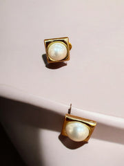 Elegant Gold-Toned Square Stud Earrings with Pearl Accent