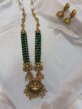 Royal Green Beaded Temple Jewelry Set with Goddess Lakshmi Pendant & Jhumka Earrings