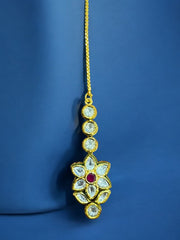 Elegant Floral Kundan Maang Tikka with Ruby Center