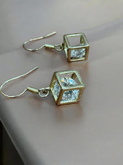 Geometric Cube Dangle Earrings – Gold-Tone with AD Stone