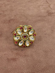 Elegant Floral Kundan Ring with Ruby and Green Enamel Accents