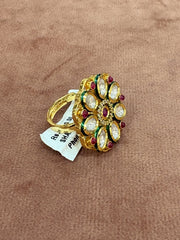 Elegant Floral Kundan Ring with Ruby and Green Enamel Accents