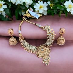 Gold Necklace Set with Peacock Motif and Pearl Detailing
