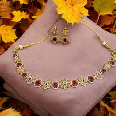 Elegant Ruby and Gold-Plated Floral Necklace Set