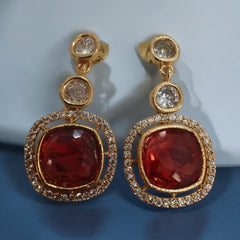 Product Description: Elegant Gold and Ruby Pendant Set with Earrings