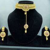 Exquisite Gold-Plated Choker Necklace Set with Floral Design and Maang Teeka