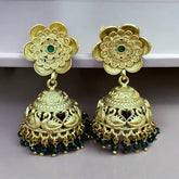 Elegant Gold-Plated Jhumka Earrings with Green Stone Accents