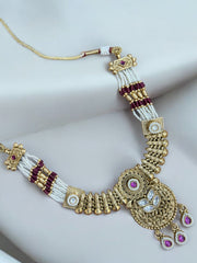 Traditional Gold-Plated Necklace Set with Kundan and Pearl Work