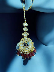 Grand Kundan Maang Tikka with Pearl & Red Bead Drops