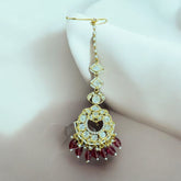 Grand Kundan Maang Tikka with Pearl & Red Bead Drops