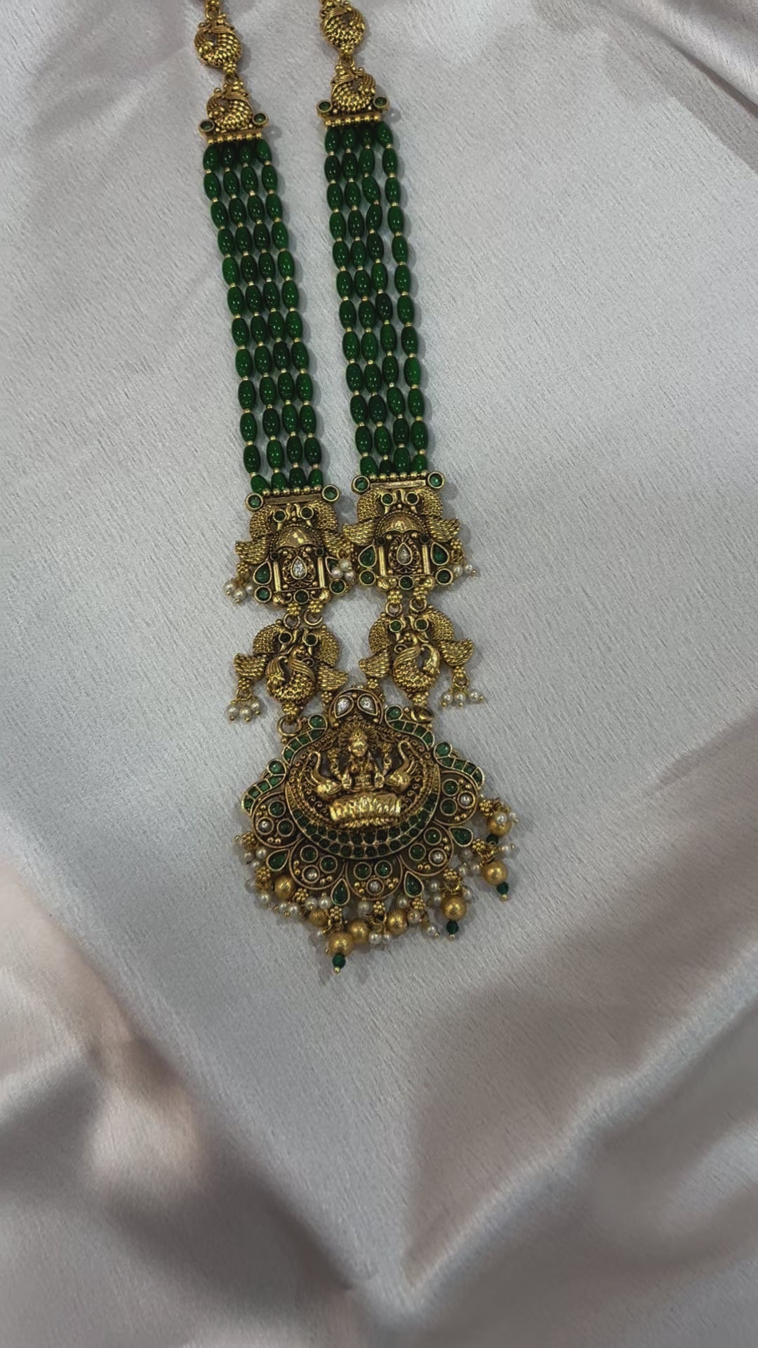 Royal Green Beaded Temple Jewelry Set with Goddess Lakshmi Pendant & Jhumka Earrings