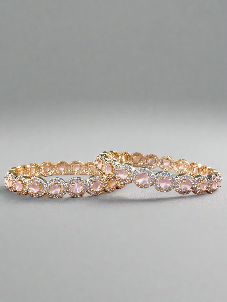 Elegant Rose Quartz and Diamond-Studded Bangles