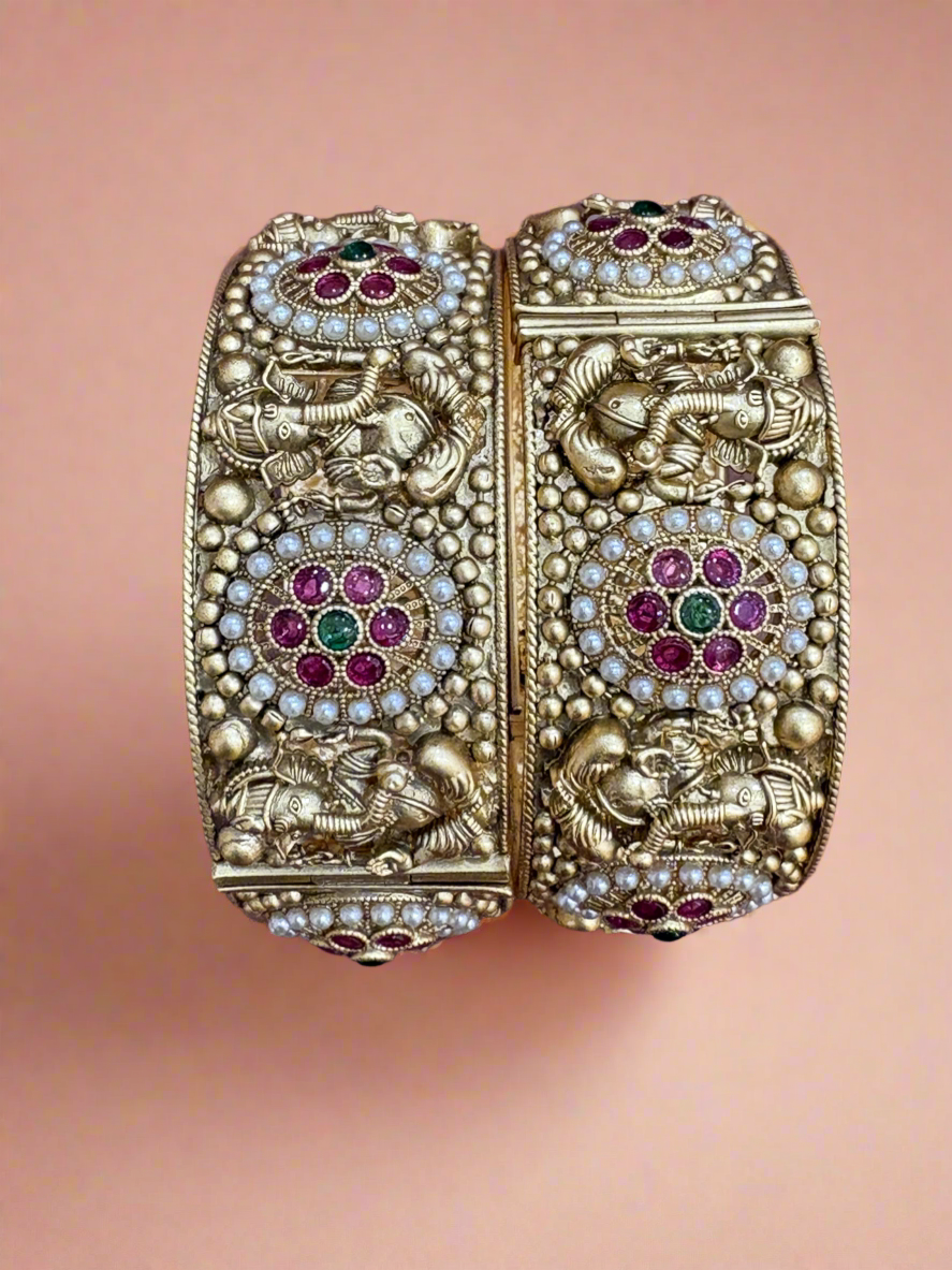 Traditional Antique Gold Bangles with Intricate Temple Design