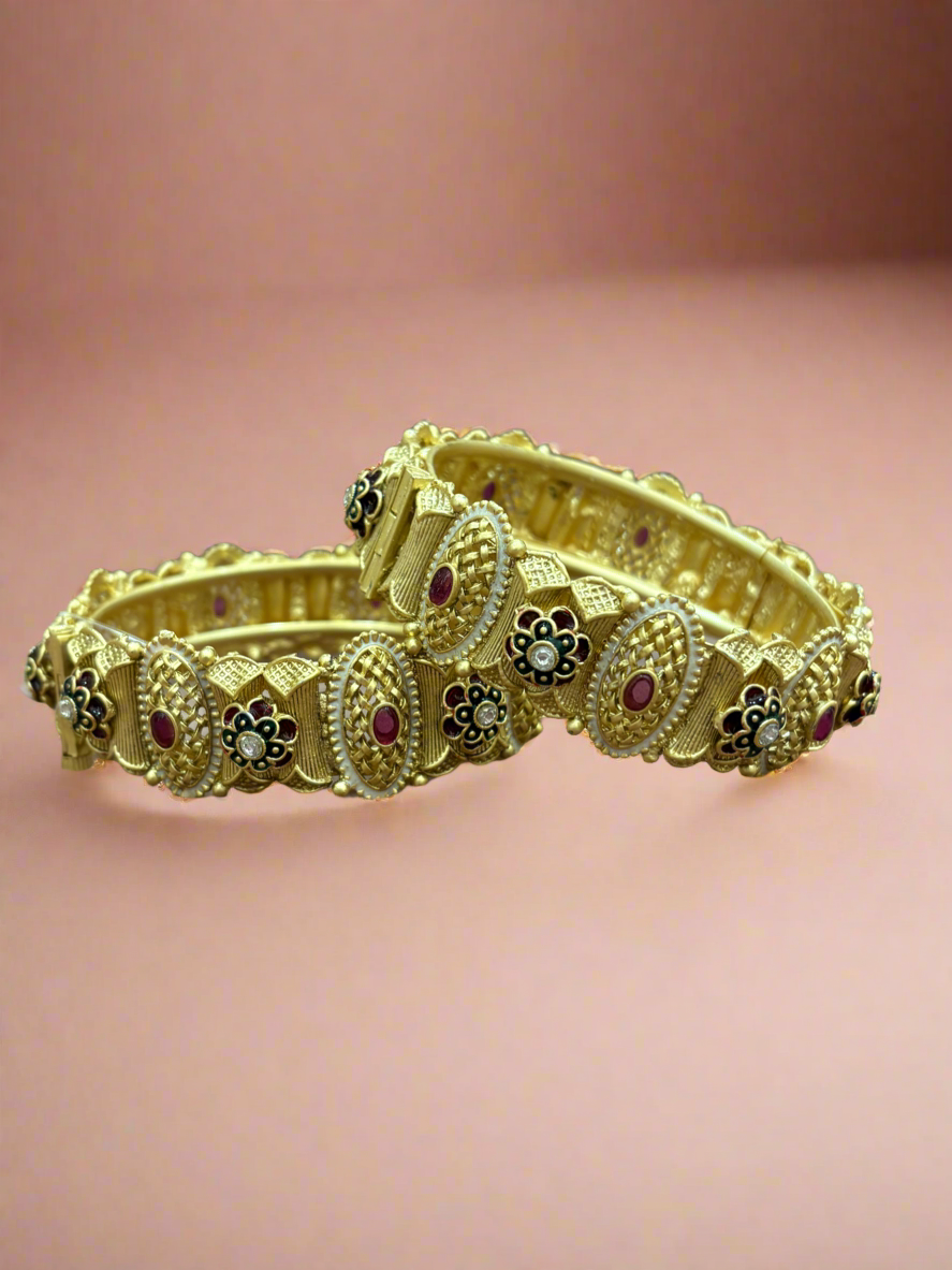 Traditional Gold Bangles with Ruby and Floral Enamel Design