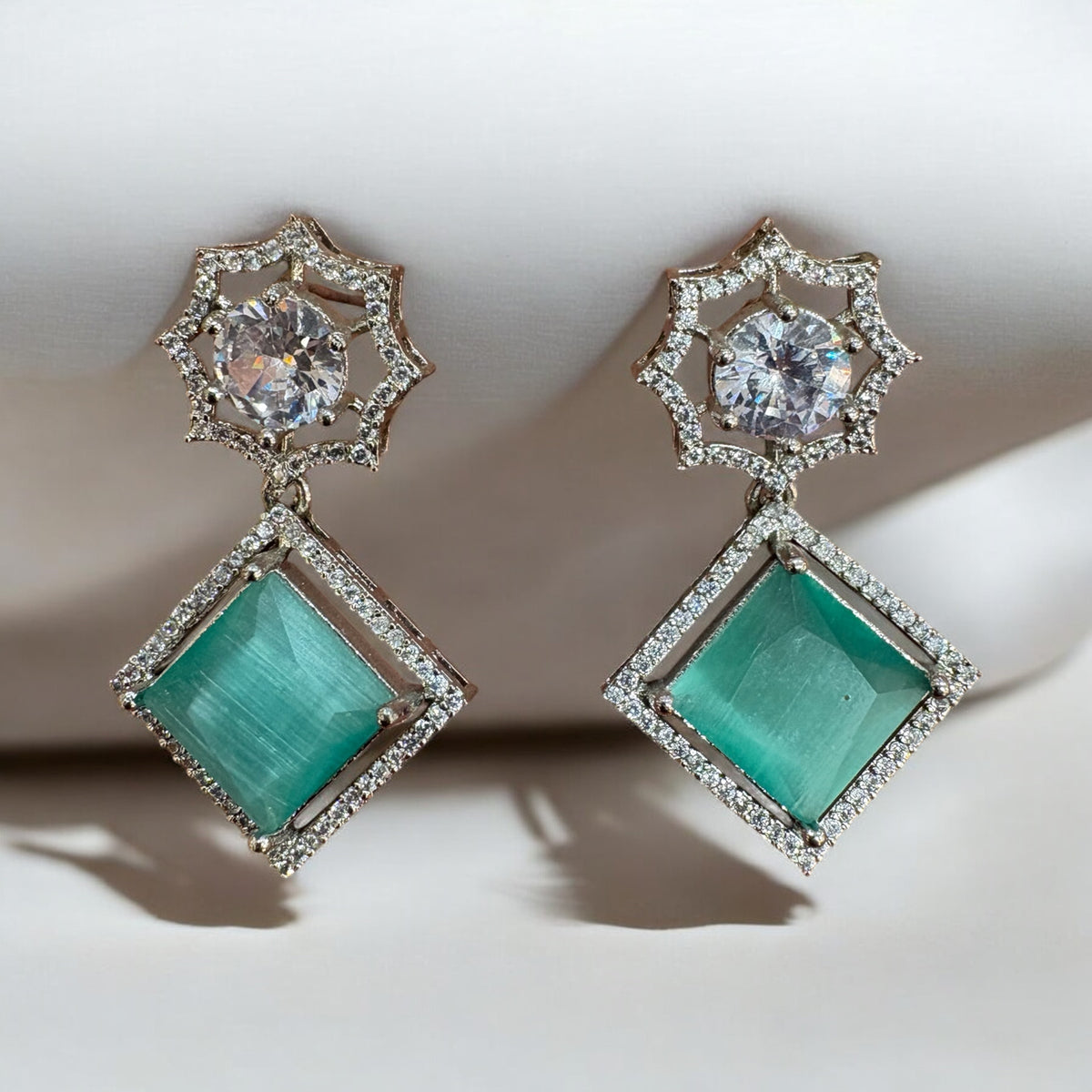 Elegant Green Cat-Eye and Diamond Geometric Earrings