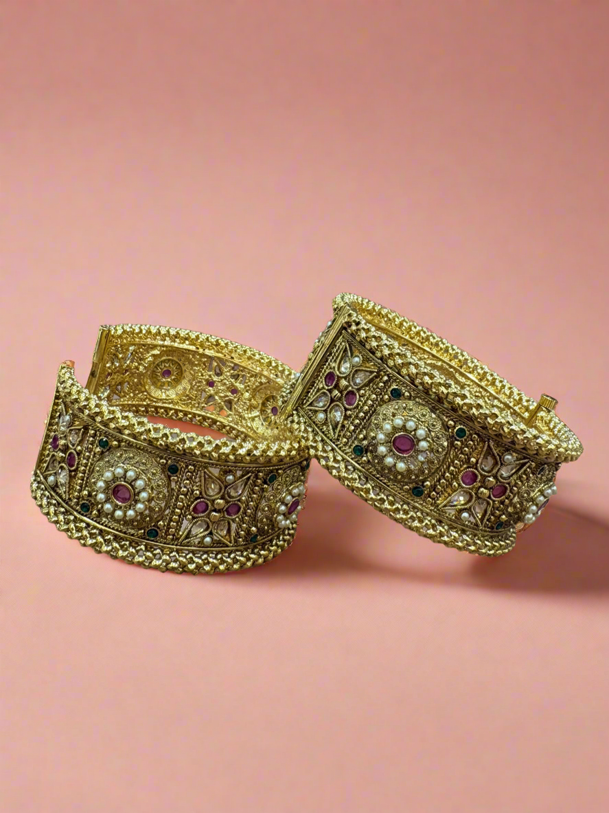 Antique Gold-Plated Bangles with Intricate Pearl and Stone Work