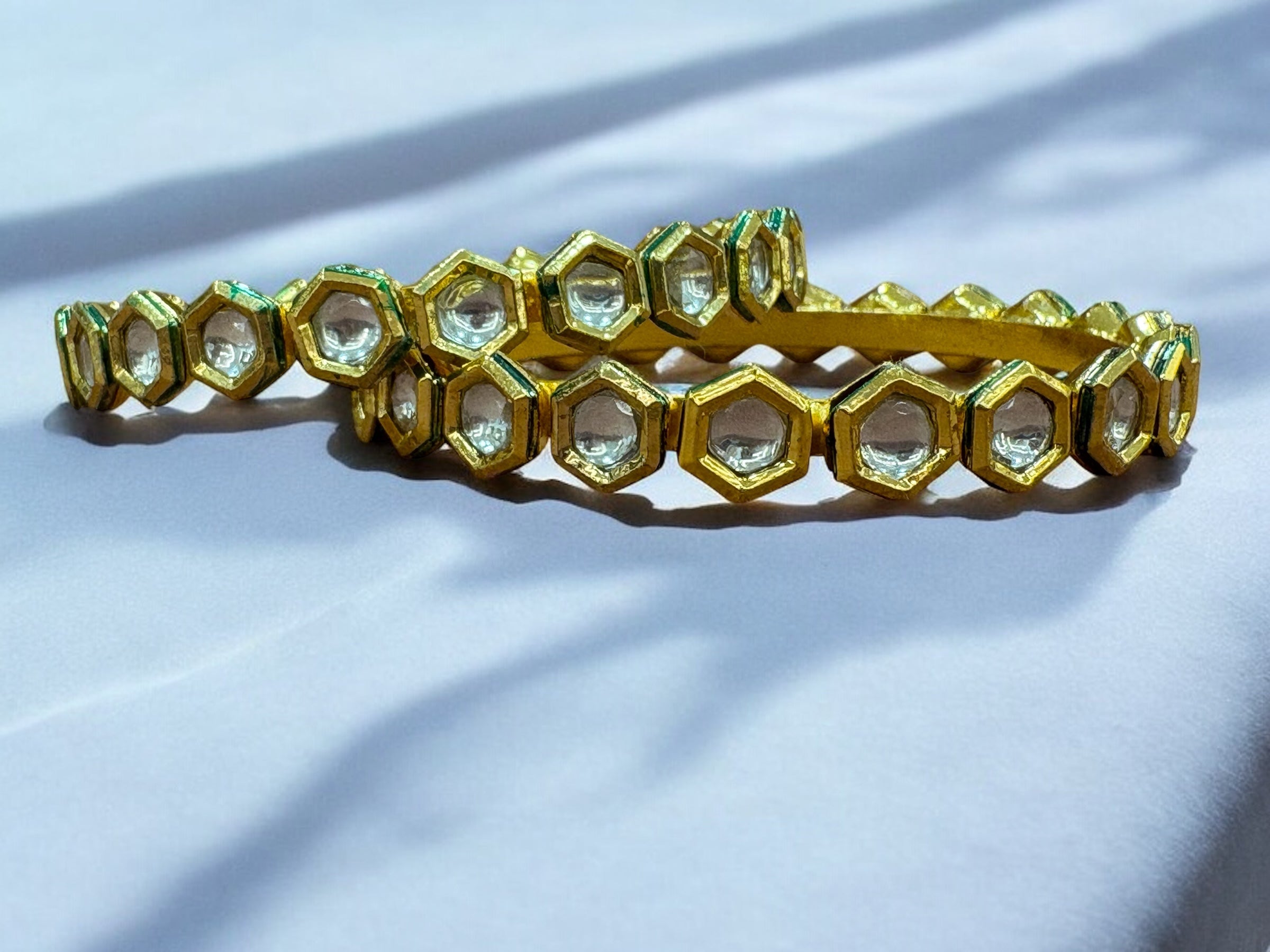 Gold-Toned Hexagonal Bangles with Sparkling Stones