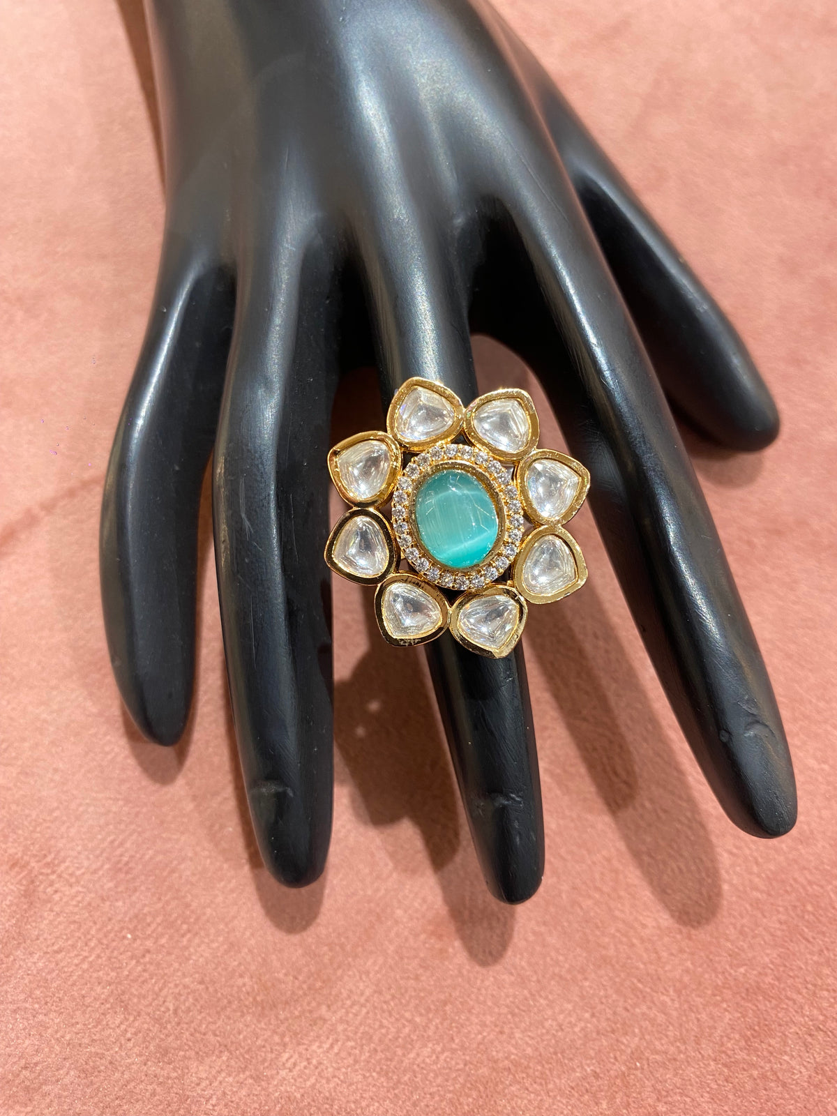 Floral Statement Ring with Green Cat’s Eye and Polki Diamonds