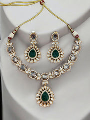 Elegant Kundan Necklace Set with Green & White Stones