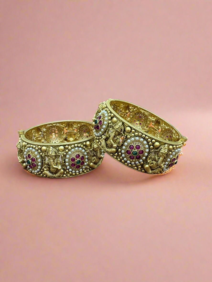 Traditional Antique Gold Bangles with Intricate Temple Design