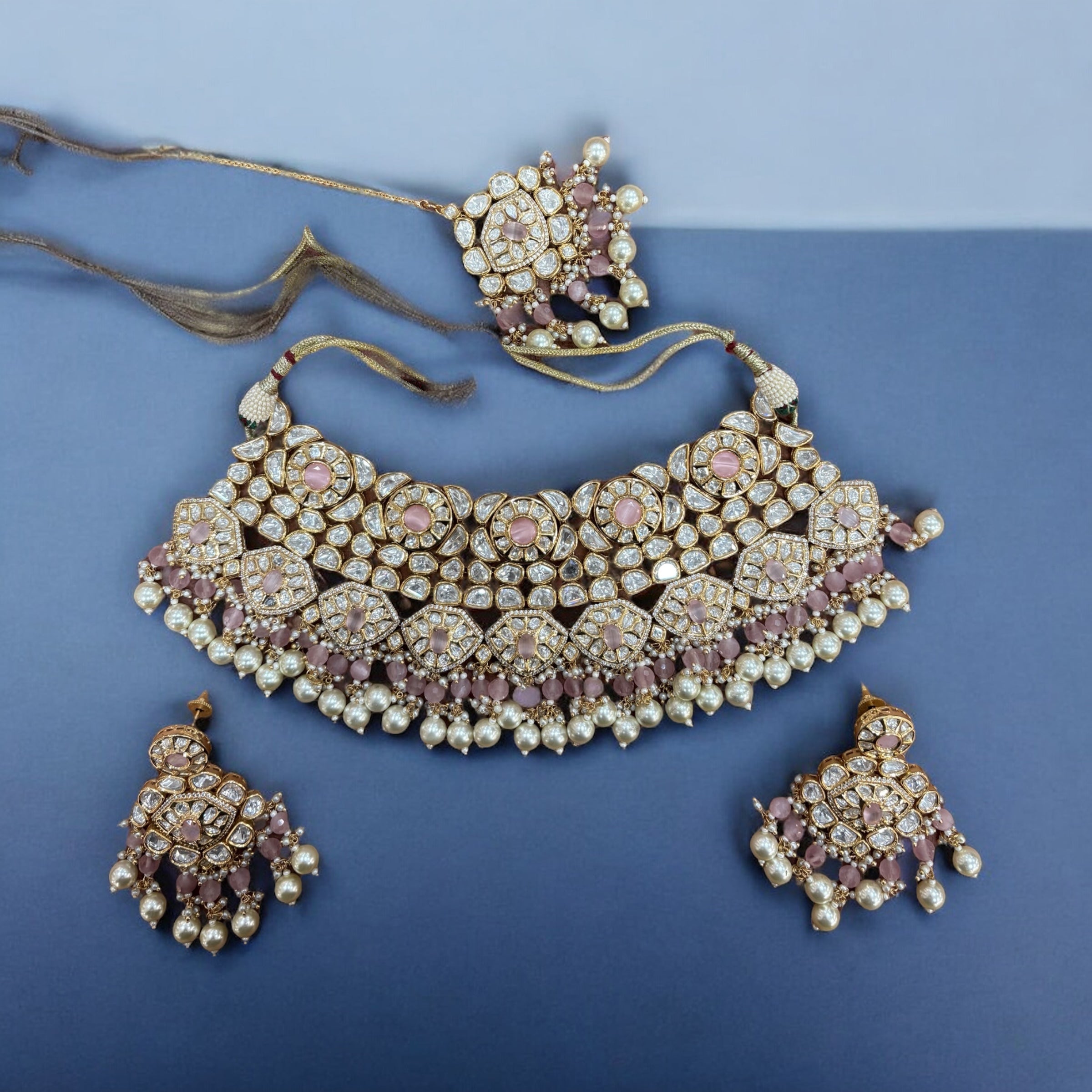Luxury Pink Kundan Set with Statement Earrings with Teeka