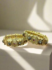 Traditional Gold Bangles with Ruby and Floral Enamel Design
