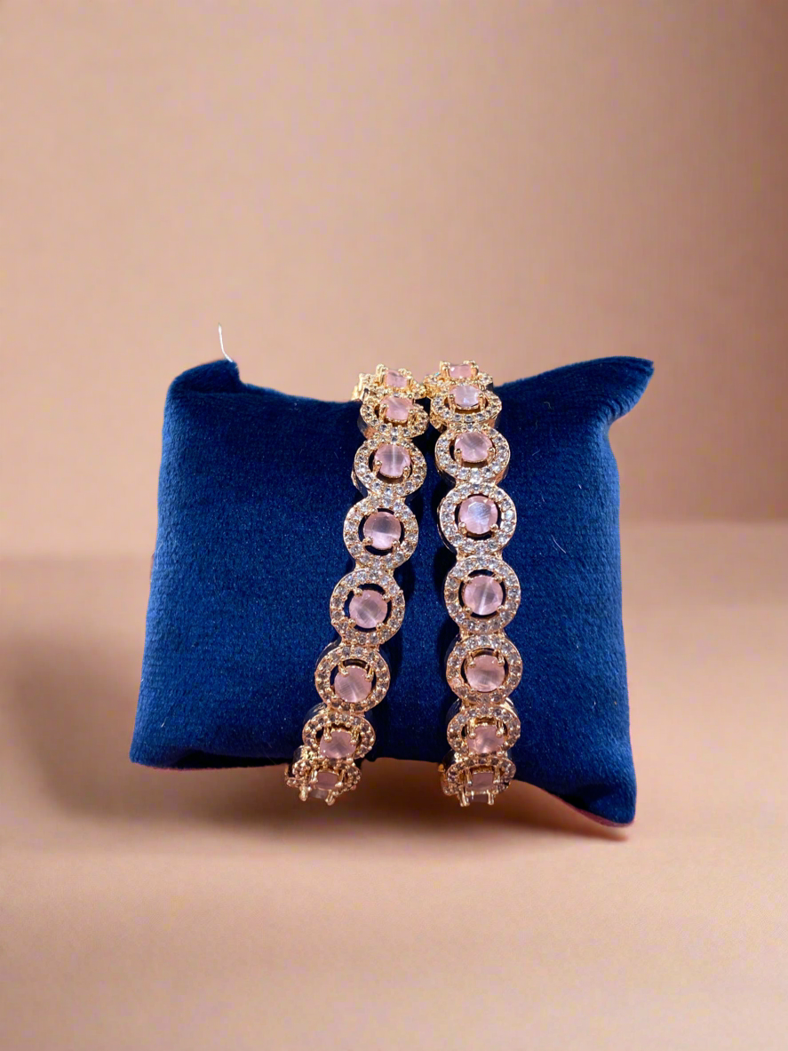 Elegant Rose Quartz and Diamond-Studded Bangles