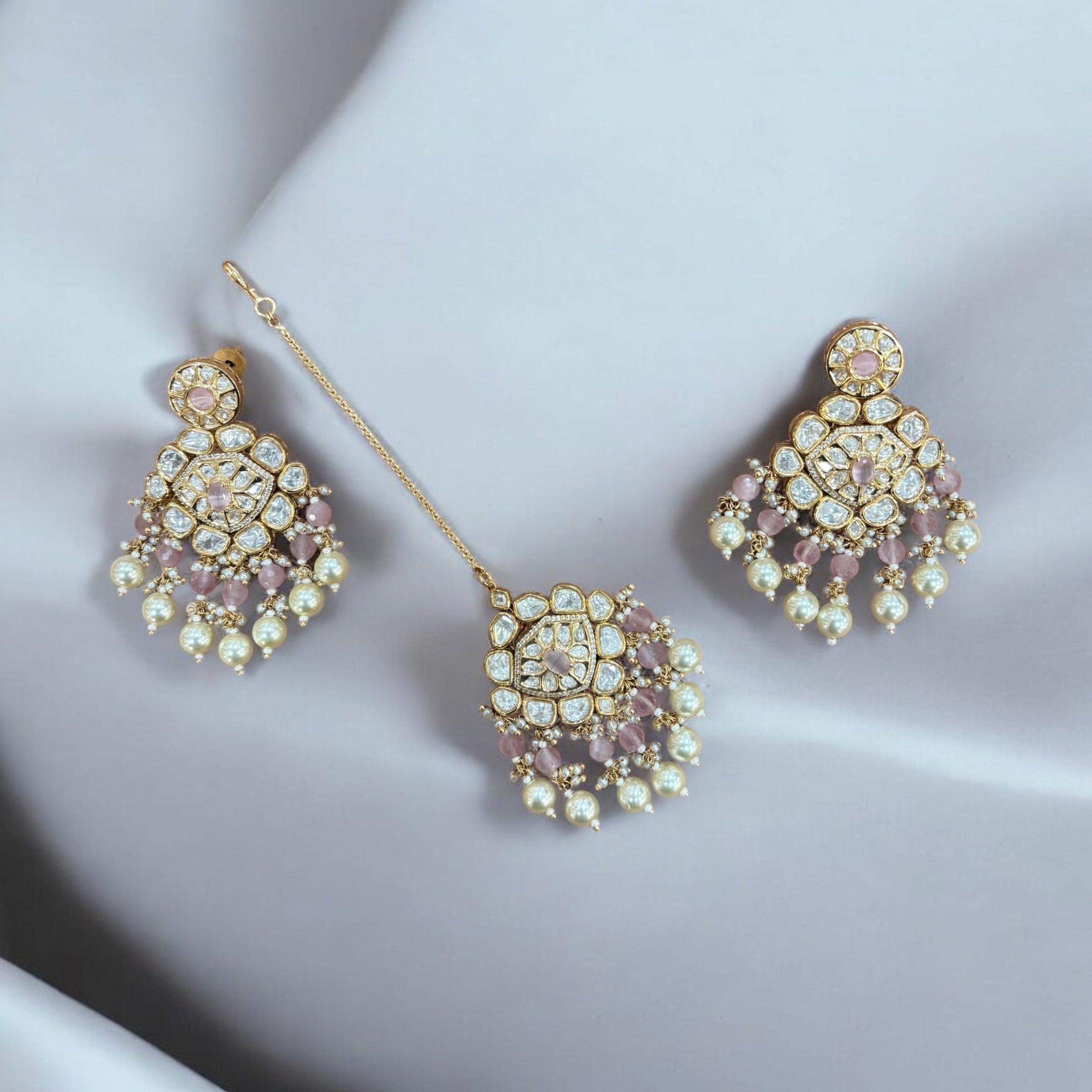 Luxury Pink Kundan Set with Statement Earrings with Teeka