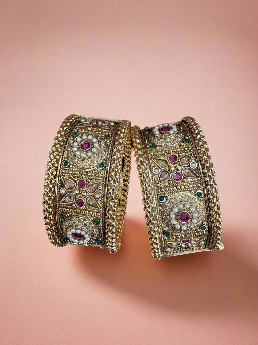 Antique Gold-Plated Bangles with Intricate Pearl and Stone Work