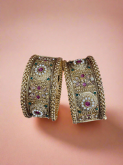 Antique Gold-Plated Bangles with Intricate Pearl and Stone Work