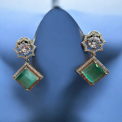 Elegant Green Cat-Eye and Diamond Geometric Earrings