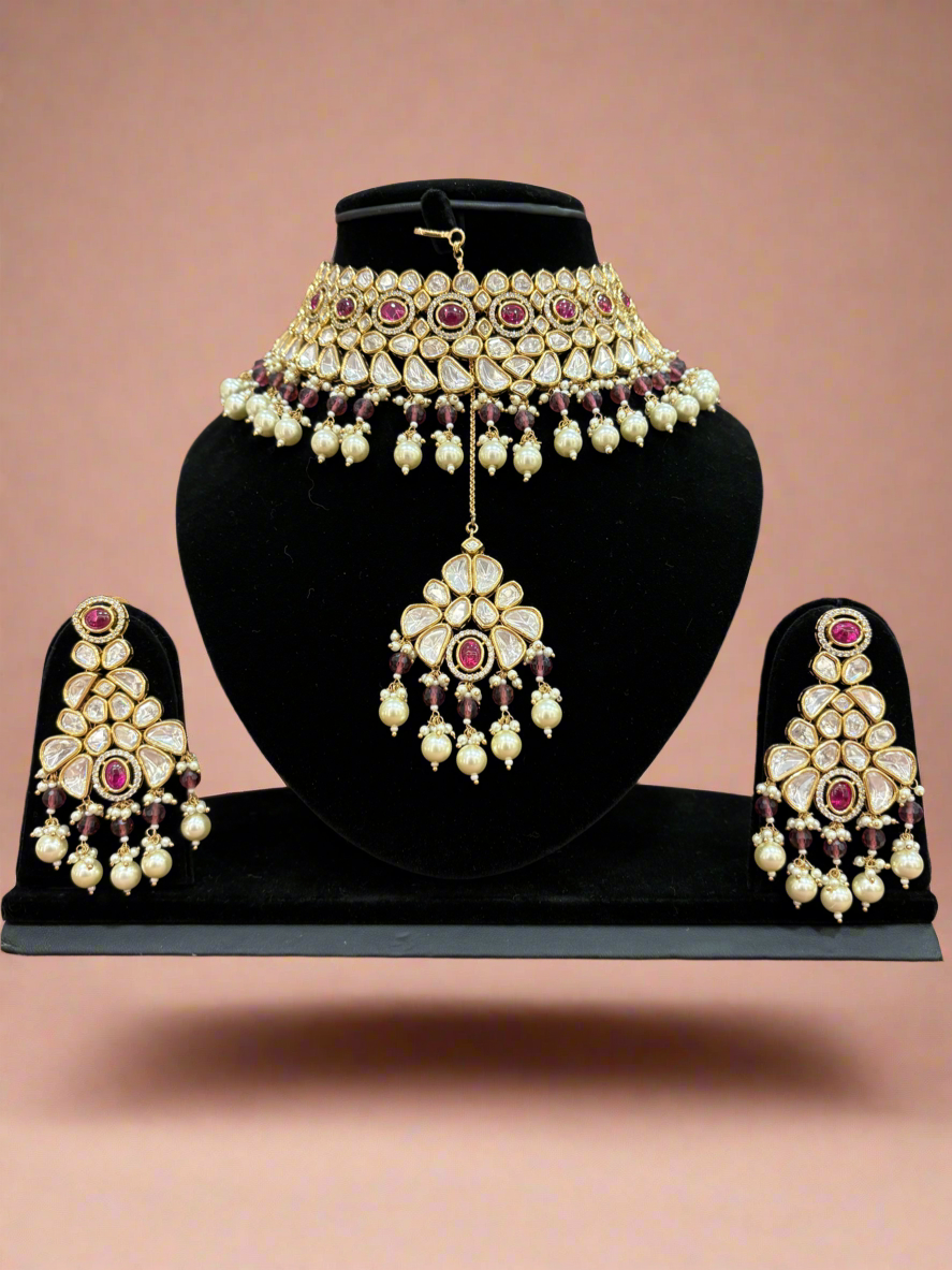 Royal Ruby Kundan Set with Matching Earrings and Maang Teeka