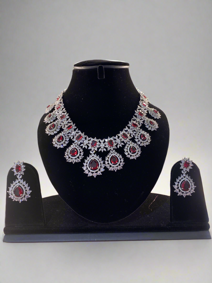 Luxurious Ruby Red Statement Necklace and Earring Set