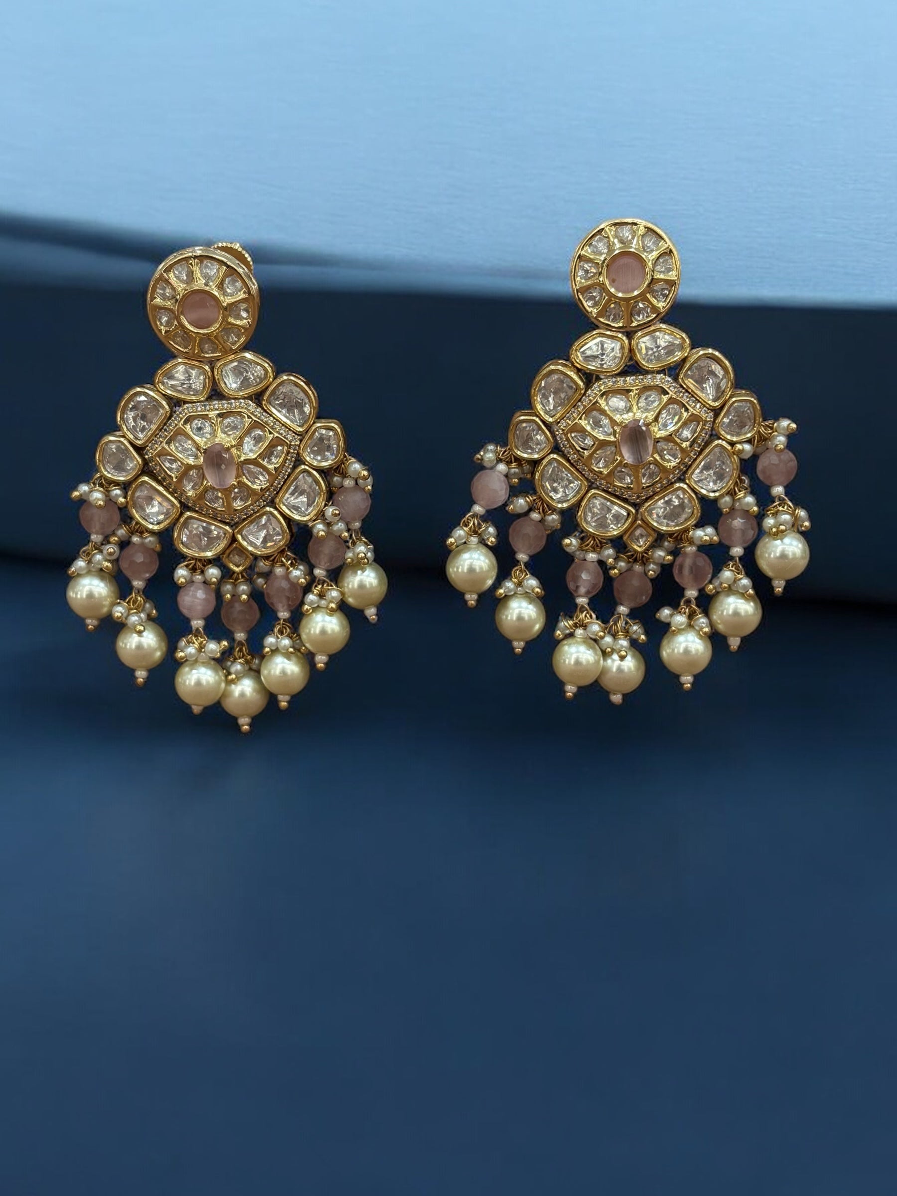 Luxury Pink Kundan Set with Statement Earrings with Teeka