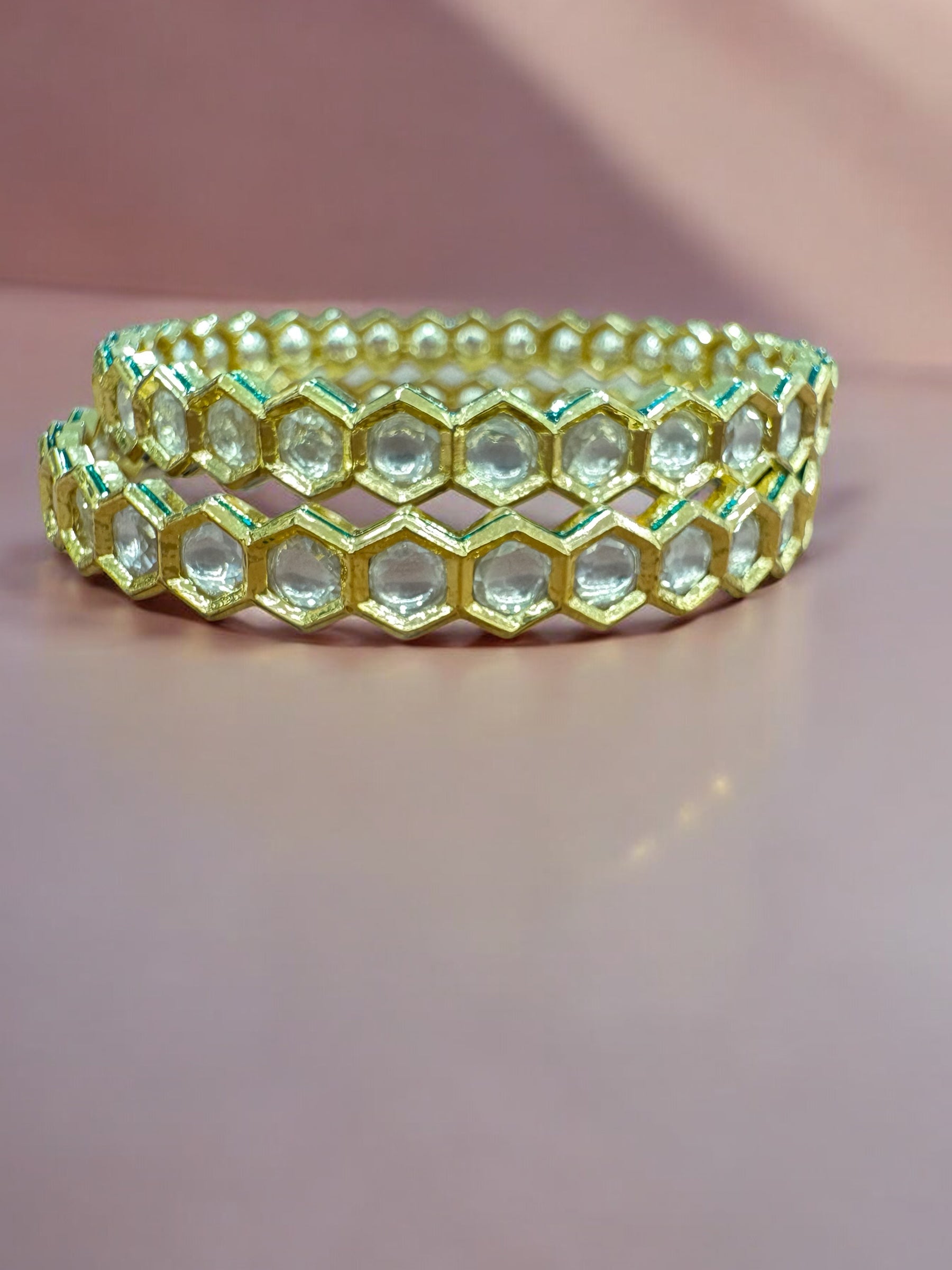 Gold-Toned Hexagonal Bangles with Sparkling Stones