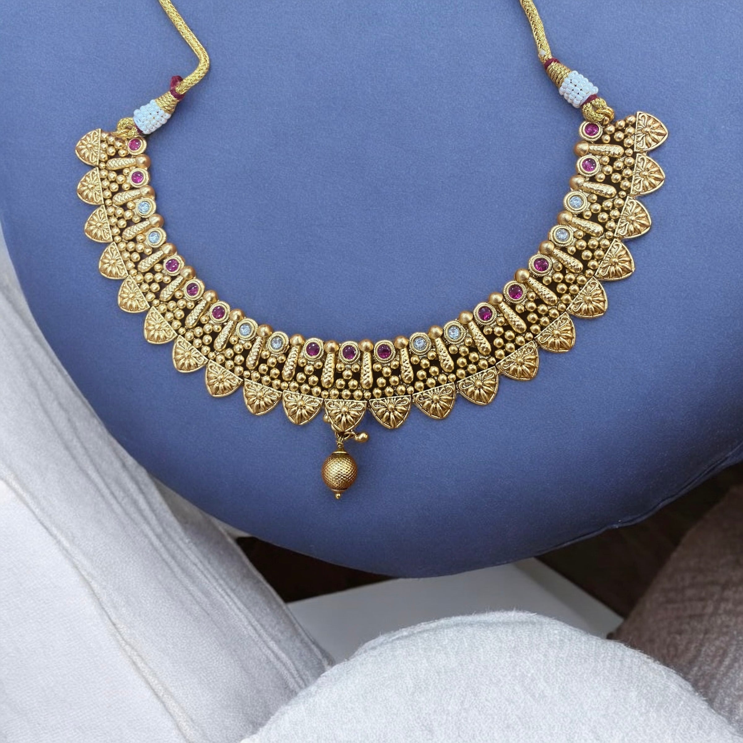 Traditional Gold-Plated Necklace Set with Ruby and Pearl Accents