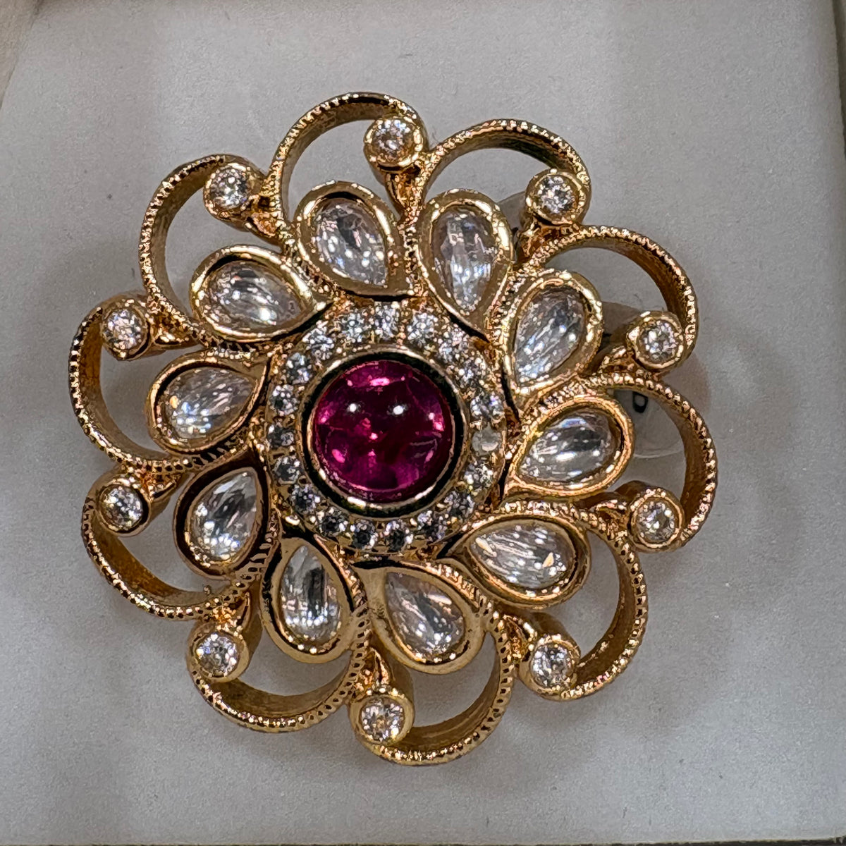 Regal Gold-Plated Statement Ring with Ruby and Crystal Accents