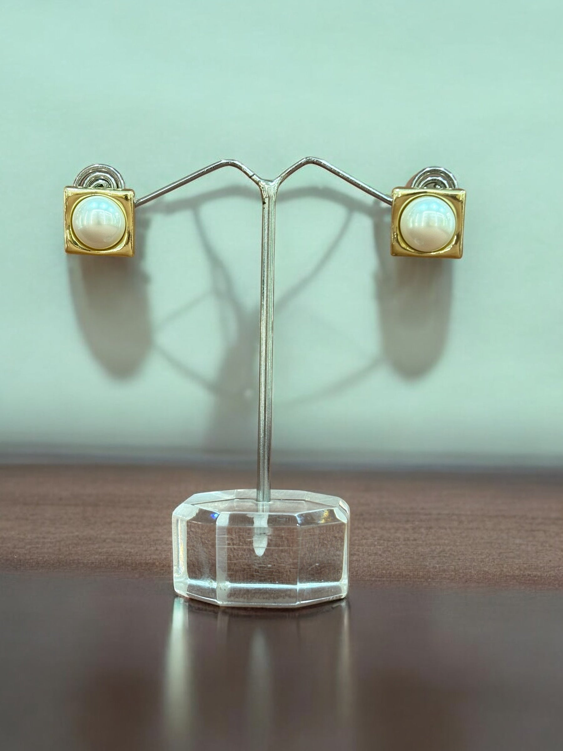Elegant Gold-Toned Square Stud Earrings with Pearl Accent