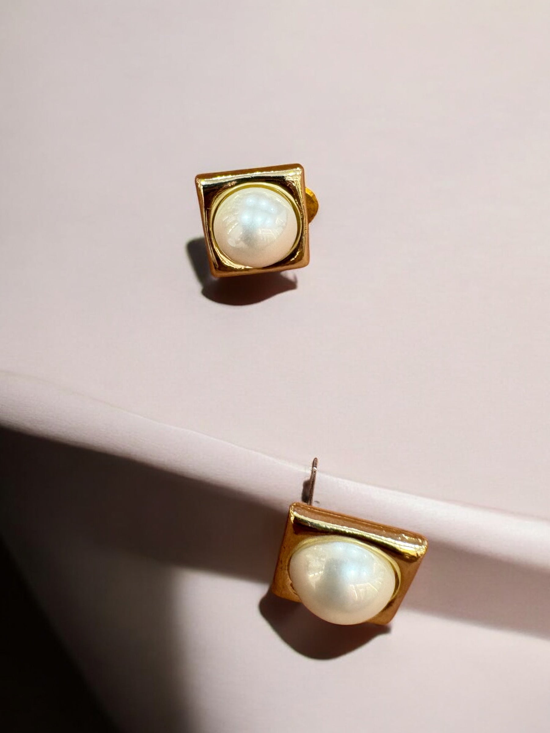 Elegant Gold-Toned Square Stud Earrings with Pearl Accent
