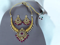 Exquisite Kundan Necklace Set with Ruby-Colored Beads & Pearls