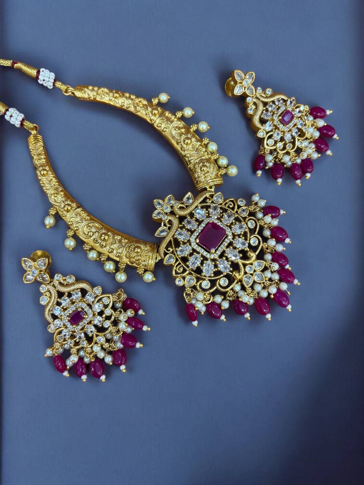 Exquisite Kundan Necklace Set with Ruby-Colored Beads & Pearls