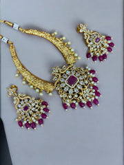 Exquisite Kundan Necklace Set with Ruby-Colored Beads & Pearls