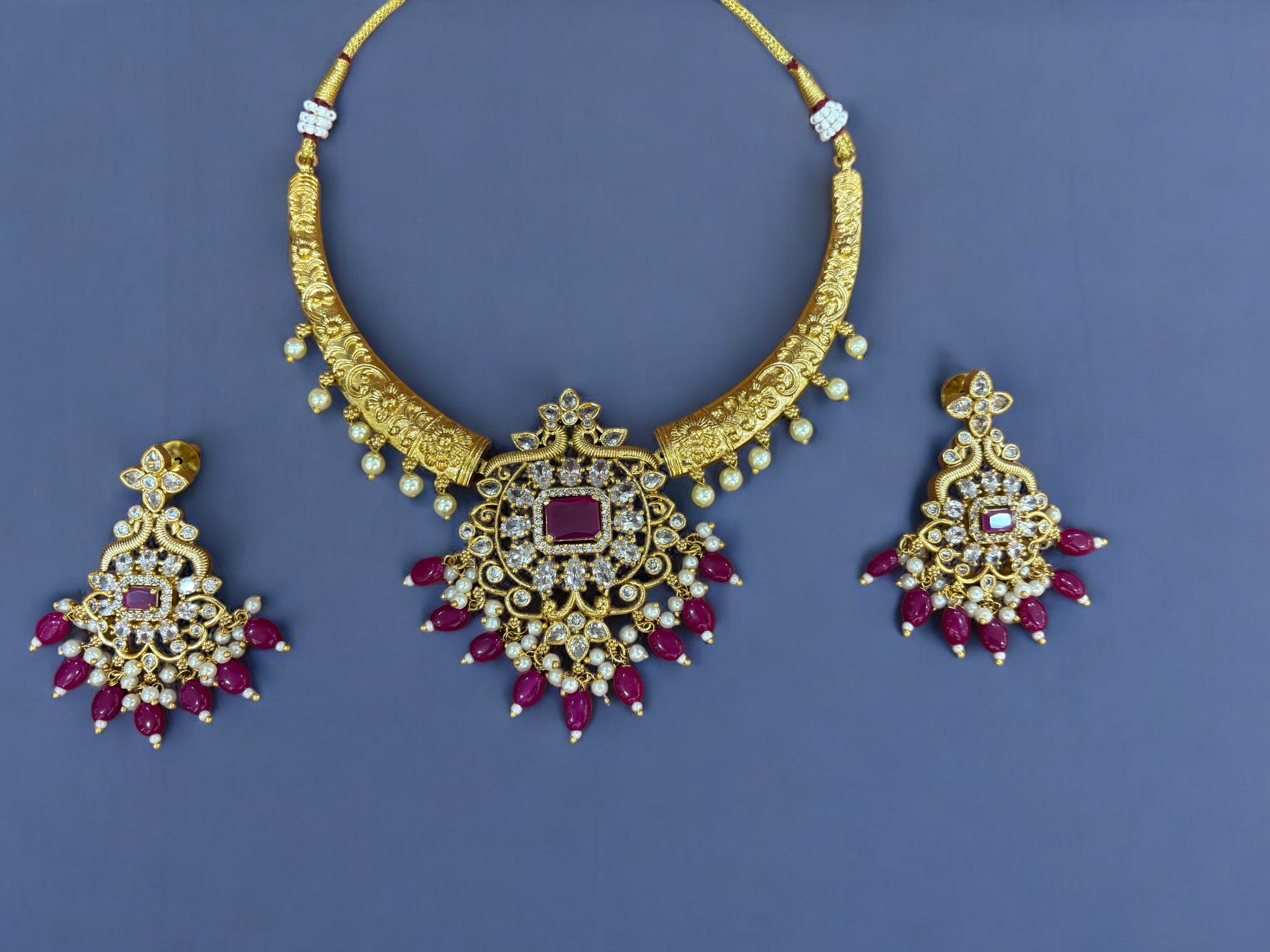 Exquisite Kundan Necklace Set with Ruby-Colored Beads & Pearls