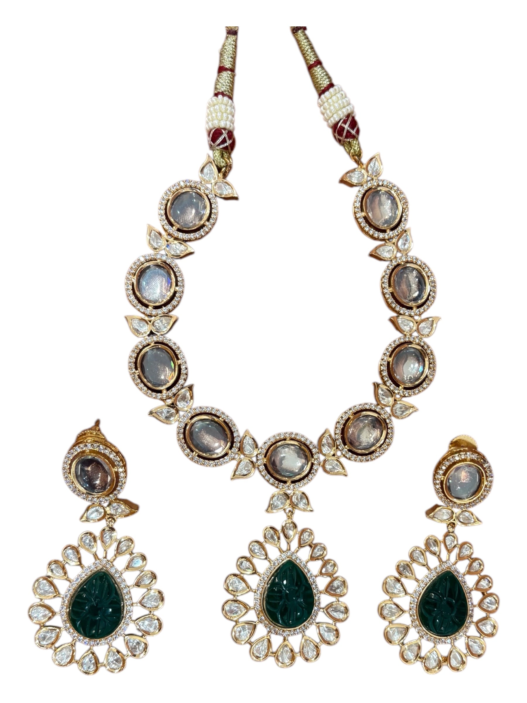 Elegant Kundan Necklace Set with Green & White Stones