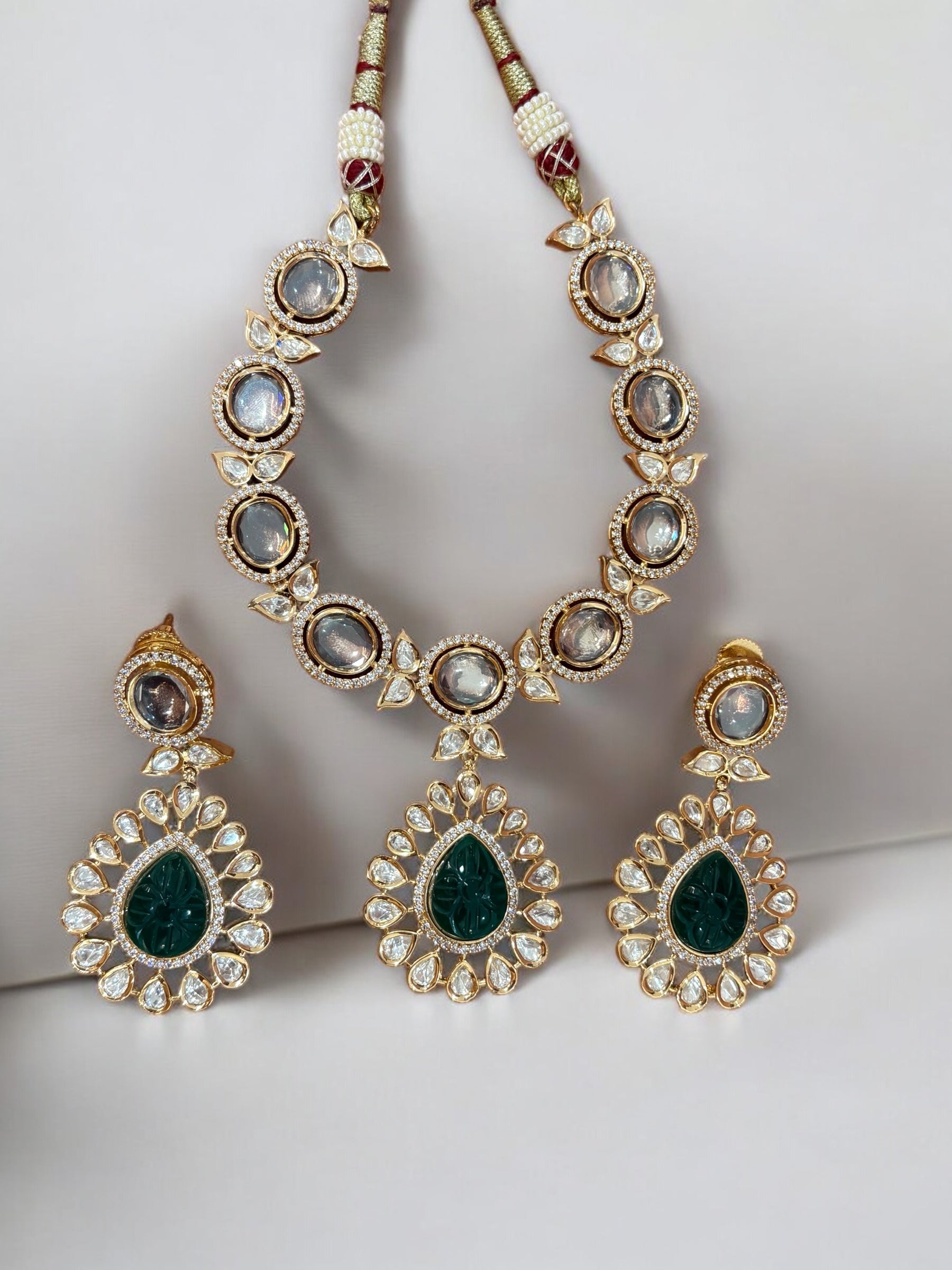 Elegant Kundan Necklace Set with Green & White Stones