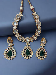 Elegant Kundan Necklace Set with Green & White Stones
